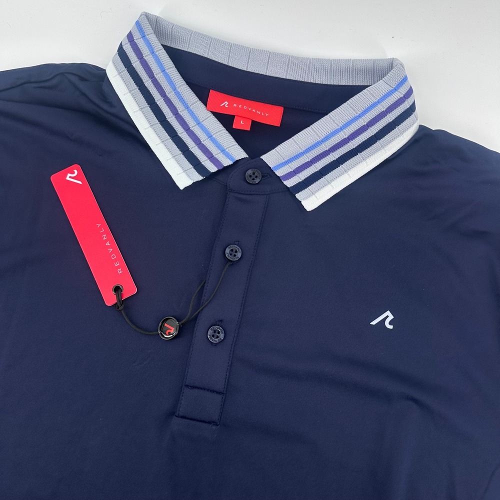REDVANLY Mael Polo Mens Large Midnight Navy Striped Collar R2505 Golf Casual NWT